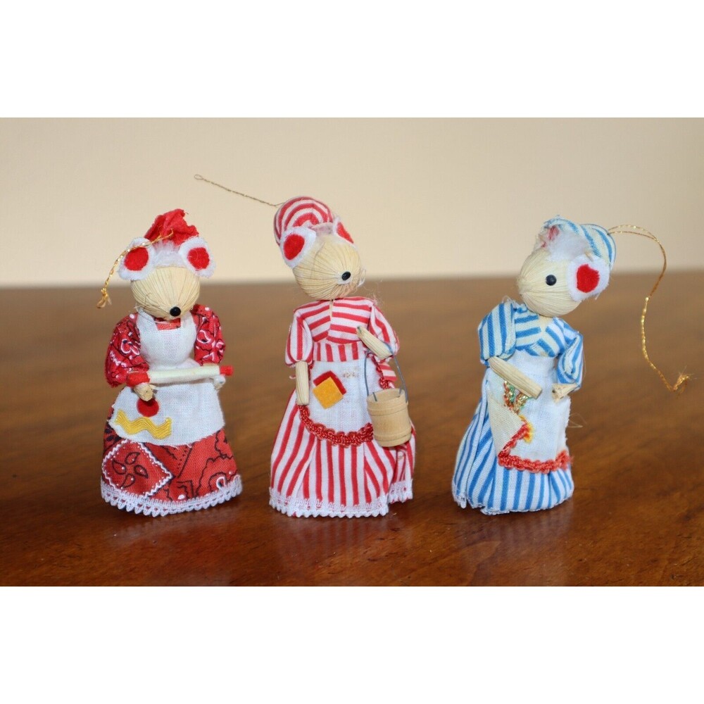 Lot 4 Corn Husk Christmas Ornaments Vintage Mouse Mice 4" Horsehair (?) Angel